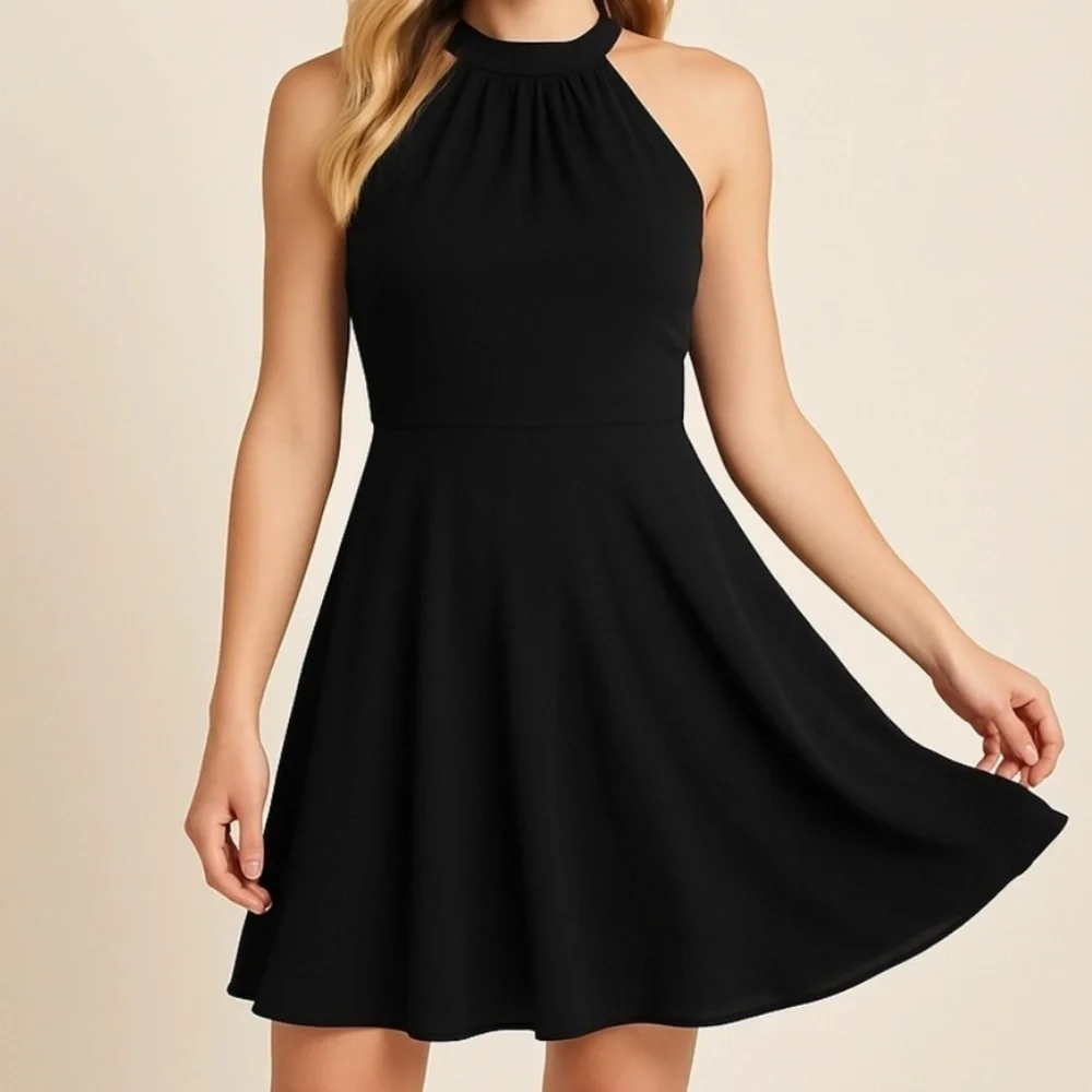Express Halter Neck Keyhole Back Mini Dress Black Formal Homecoming 2 - Picture 1 of 14